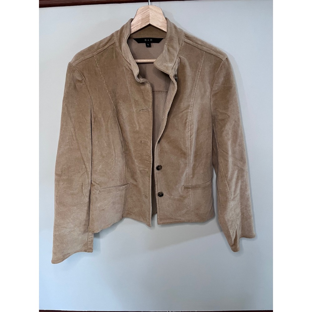 S & D Tan Corduroy Jacket Womens Large Mock Neck Button Front Stretch Blazer
